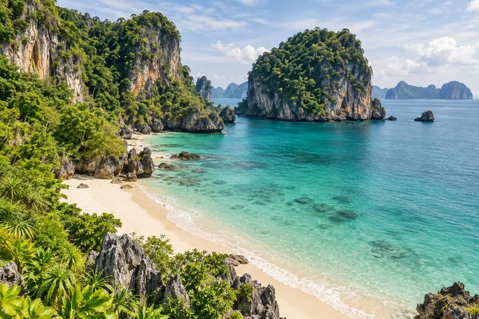 แนวหน้าผาหินปูนและชายหาดริมทะเลเขตร้อนในภาพประกอบบรรยากาศการท่องเที่ยว